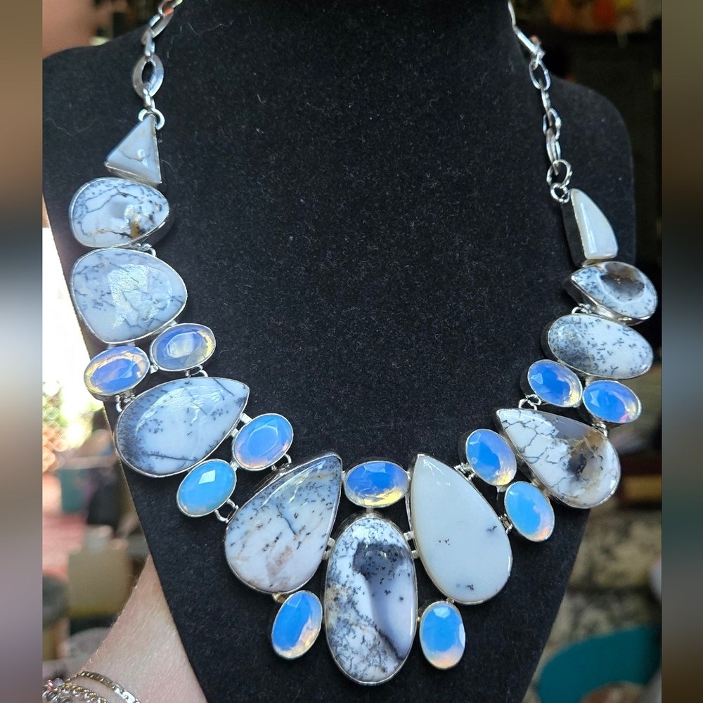 HOST PICK! 🎉🎊Dendritic Opal Opalite & Agate Sterling Necklace Sz22" Adjustable - Picture 7 of 13